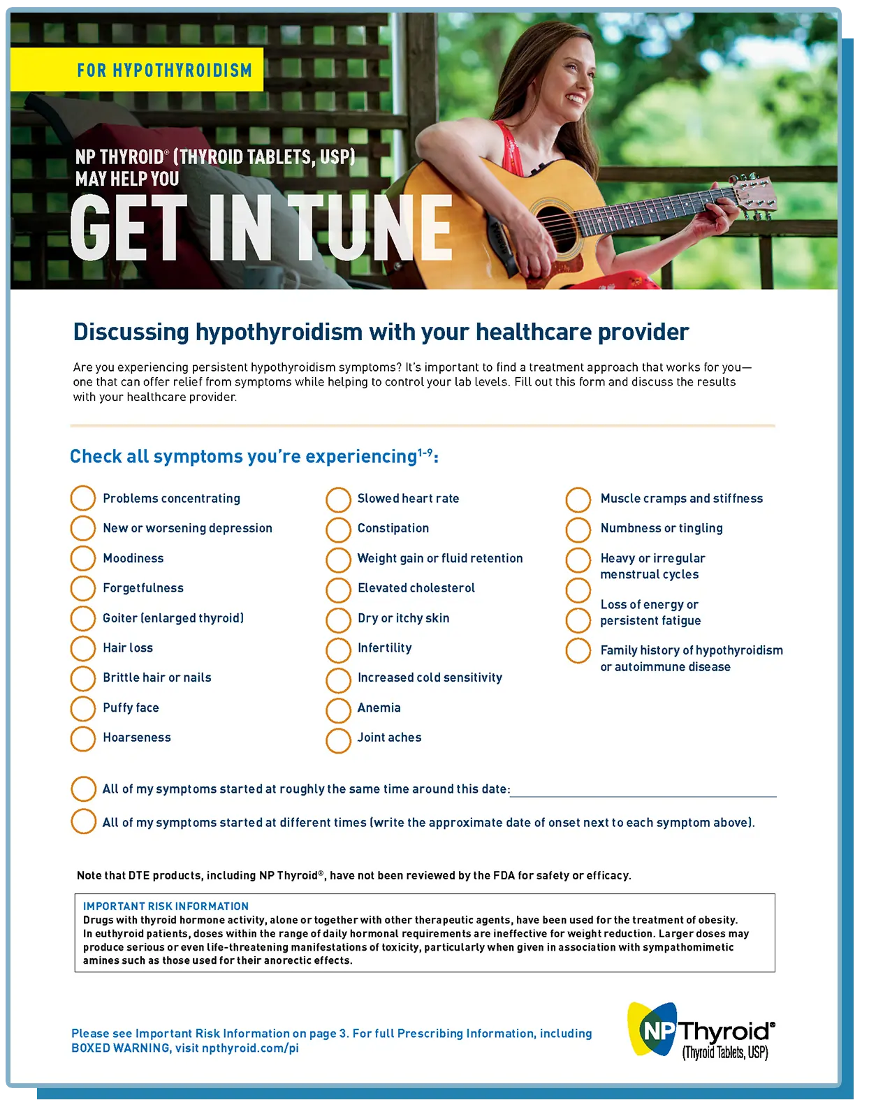 NP Thyroid patient discussion checklist for hypothyroidism symptoms featuring a woman playing guitar and a printable symptom tracker including fatigue, weight gain, cold sensitivity, depression, hair loss, constipation, muscle cramps, irregular menstrual cycles, and other common hypothyroidism symptoms to discuss with a healthcare provider.